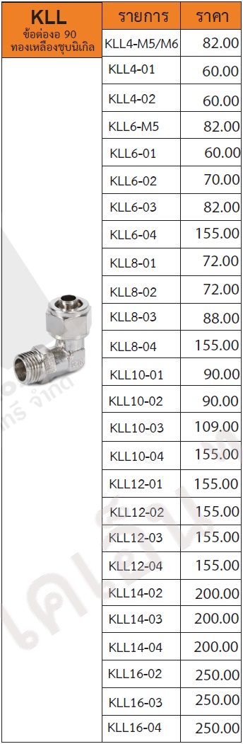 ข้อต่องอ 90°C ทองเหลืองชุบนิเกิล รุ่น KLL